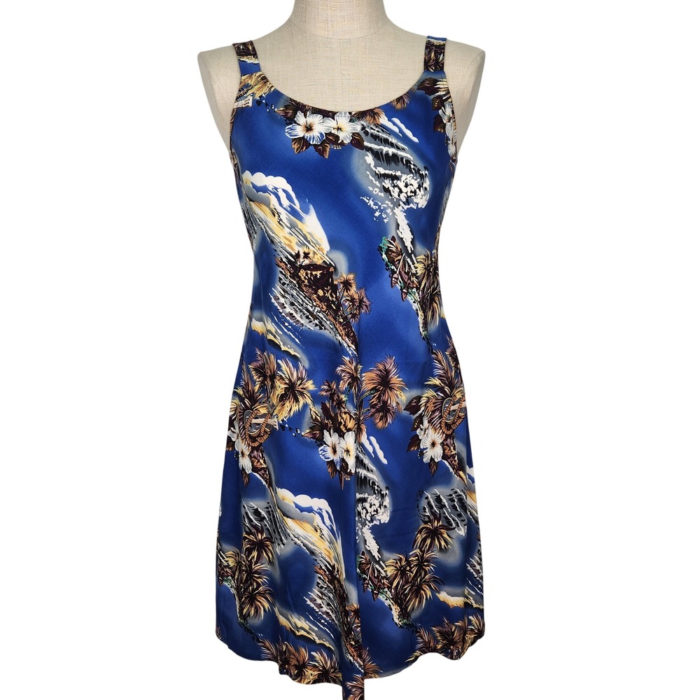 Hilo Hattie Hawaiian Original Blue Tropical Island Print Rayon Sundress‎ M VTG
